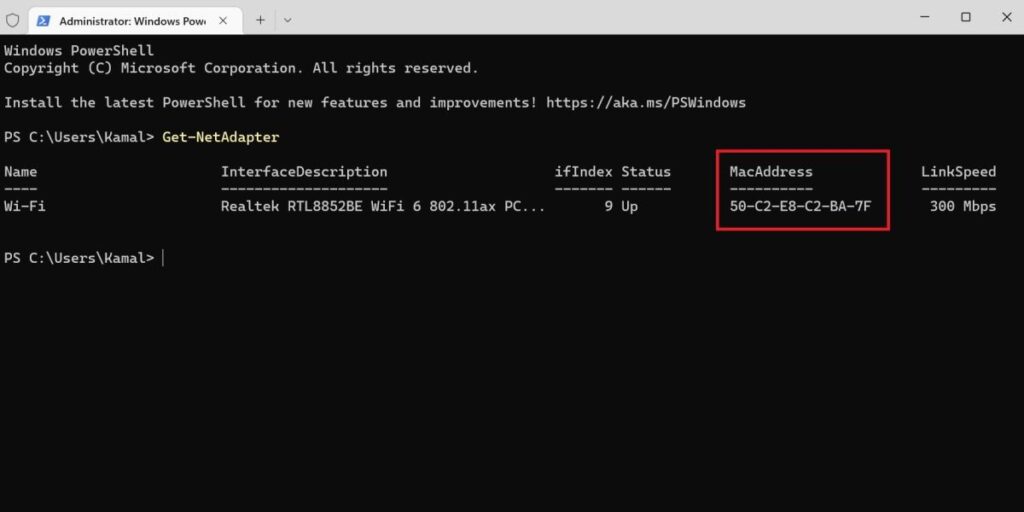 Captura de pantalla de la dirección MAC de una PC con Windows